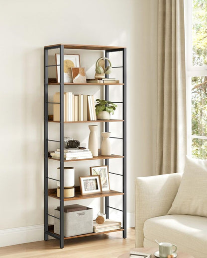 Nancy's Mesagne Boekenkast - Opbergkast - Vitrinekast - 6 planken - Vintage Bruin / Zwart - ± 60 x 30 x 180 cm