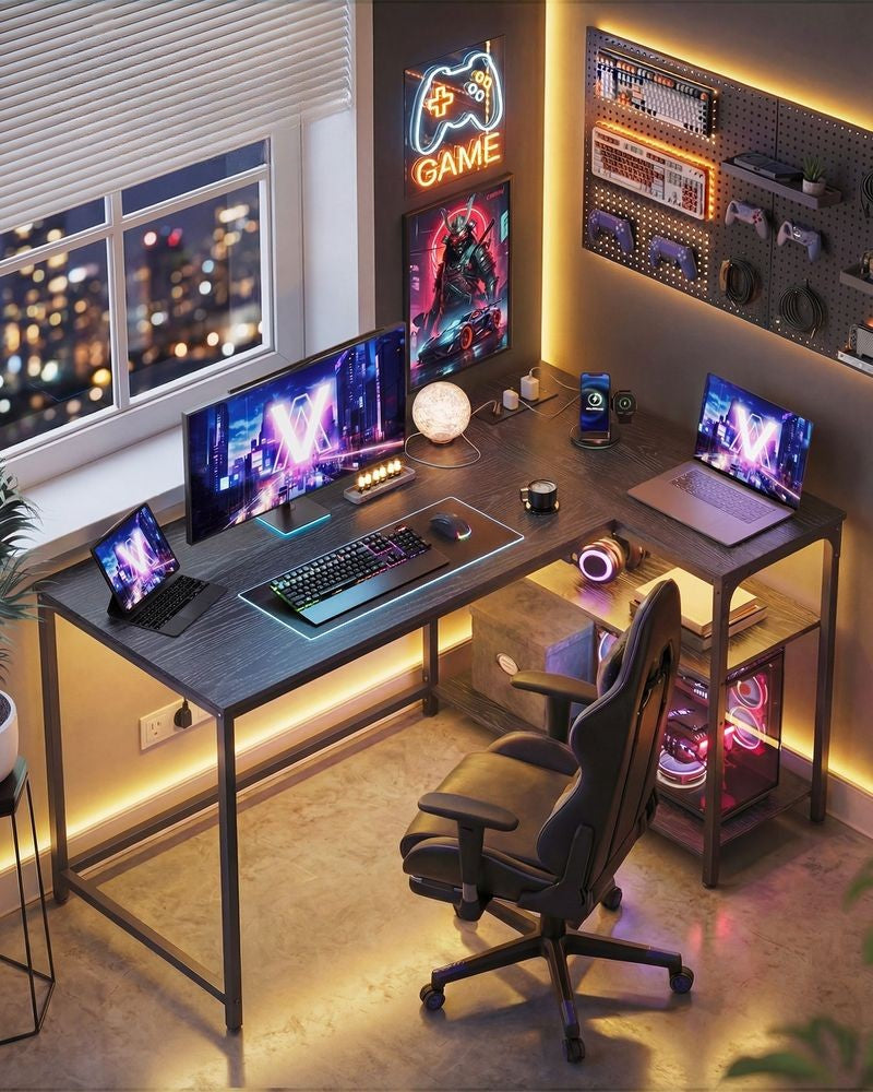 Nancy's Prali Hoekbureau - L-vormig Bureau - Geïntegreerde stekkerdoos - Zwart - Staal - ± 120 x 80 x 75 cm