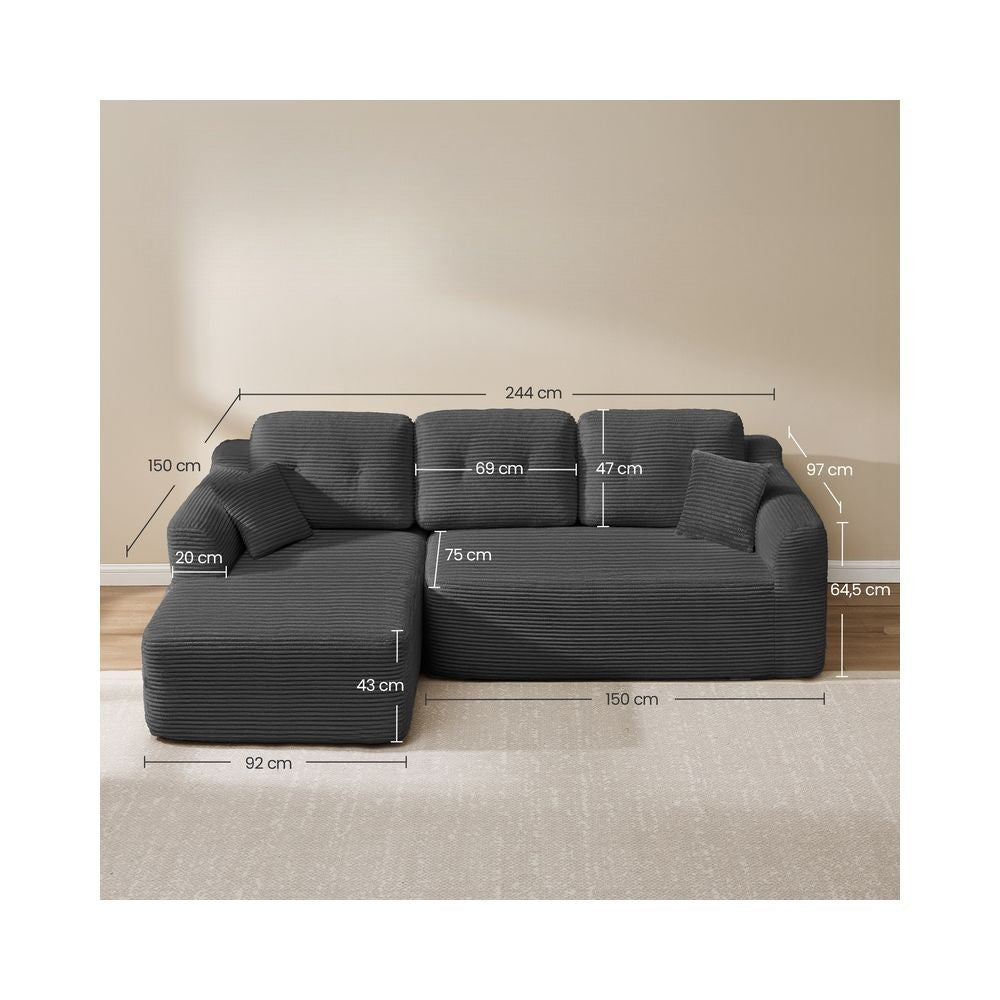 Nancy's Potenza Hoekbank - Modulaire bank - Chaise longue links - Grijs - Corduroy - ± 245 x 150 x 75 cm