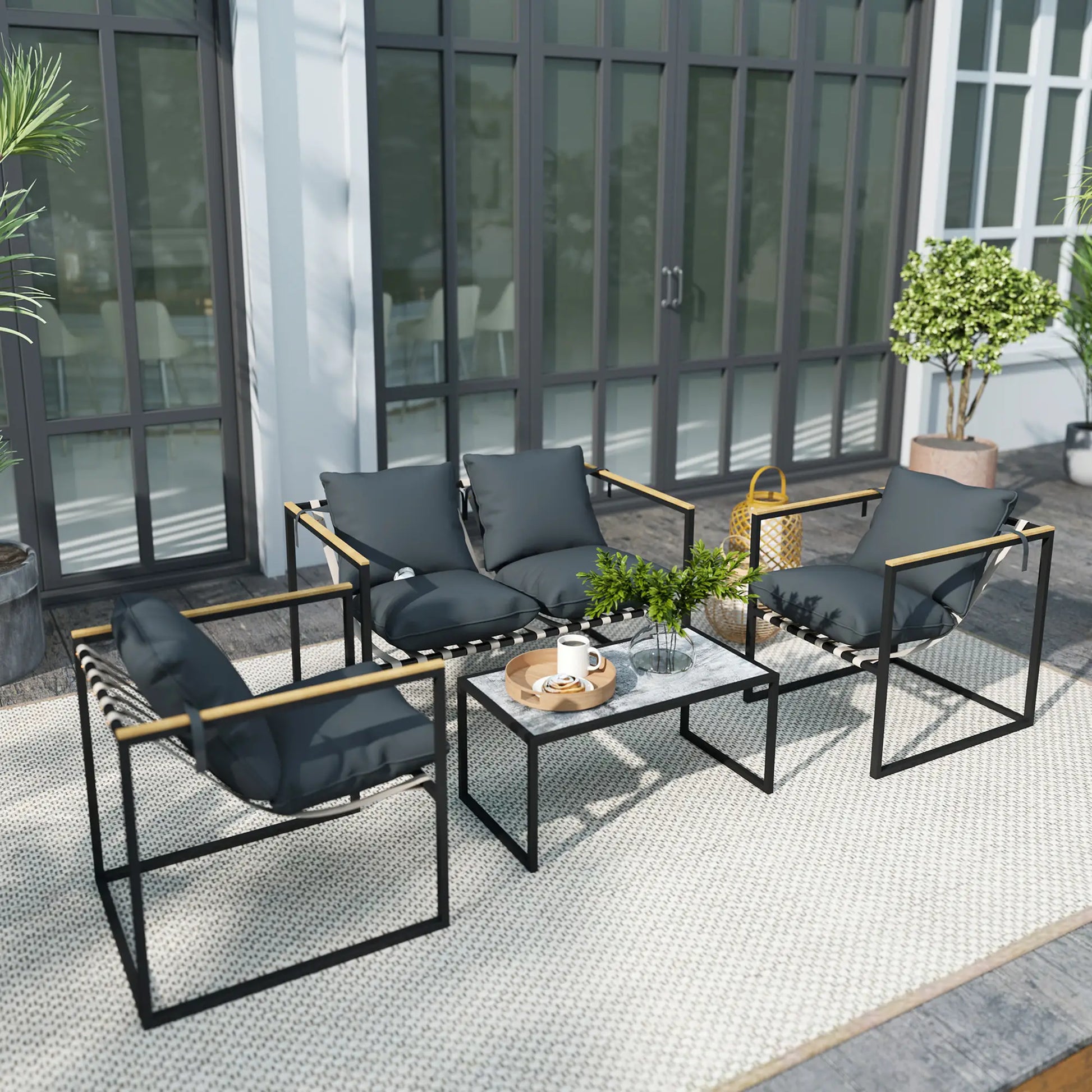 Nancy's Longra Loungeset 4-Delig - Tuinset - Tuinmeubelset - Grijs / Zwart/ Bruin