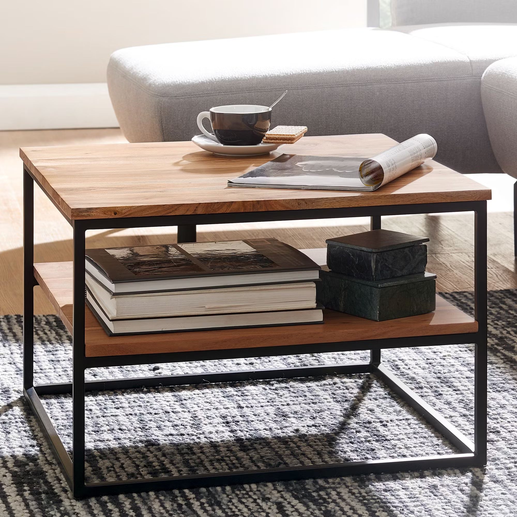 Nancy's Torino Coffee Table - Coffee Table - Two Storage Compartments - Solid Acacia Wood / Steel - ± 60 x 60 x 40 cm