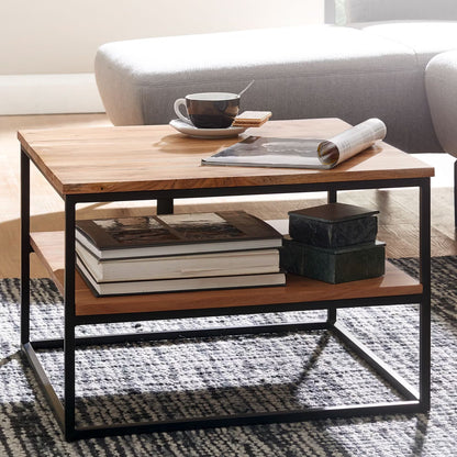Nancy's Torino Salontafel - Koffietafel - Twee Opbergvakken - Massief Acaciahout / Staal - ± 60 x 60 x 40 cm
