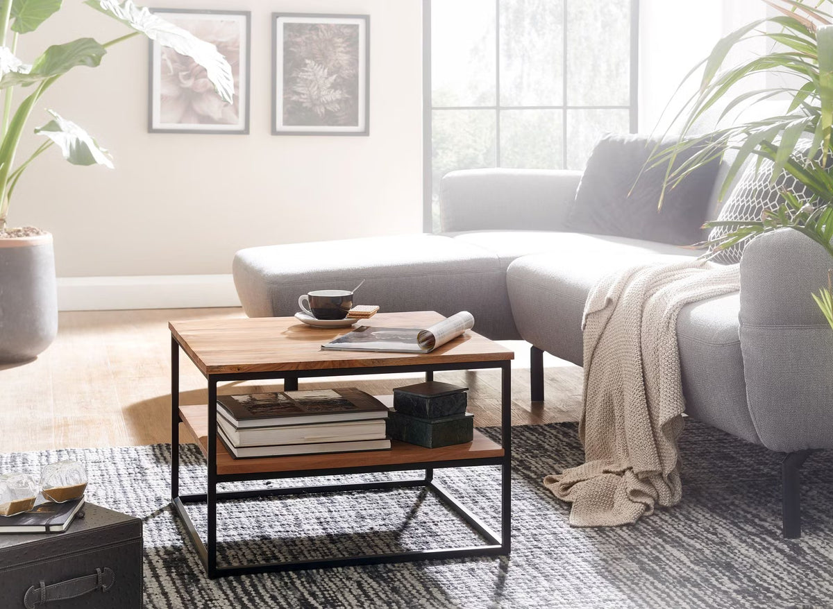 Nancy's Torino Salontafel - Koffietafel - Twee Opbergvakken - Massief Acaciahout / Staal - ± 60 x 60 x 40 cm