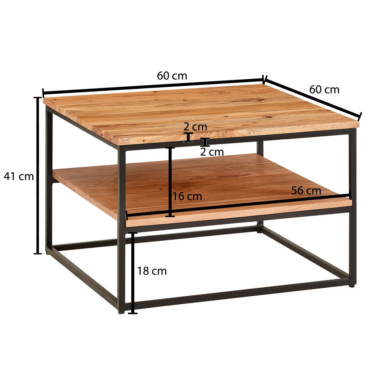 Nancy's Torino Salontafel - Koffietafel - Twee Opbergvakken - Massief Acaciahout / Staal - ± 60 x 60 x 40 cm