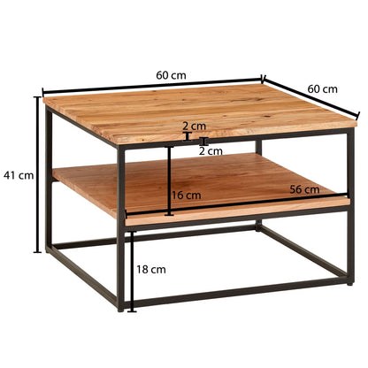 Nancy's Torino Salontafel - Koffietafel - Twee Opbergvakken - Massief Acaciahout / Staal - ± 60 x 60 x 40 cm