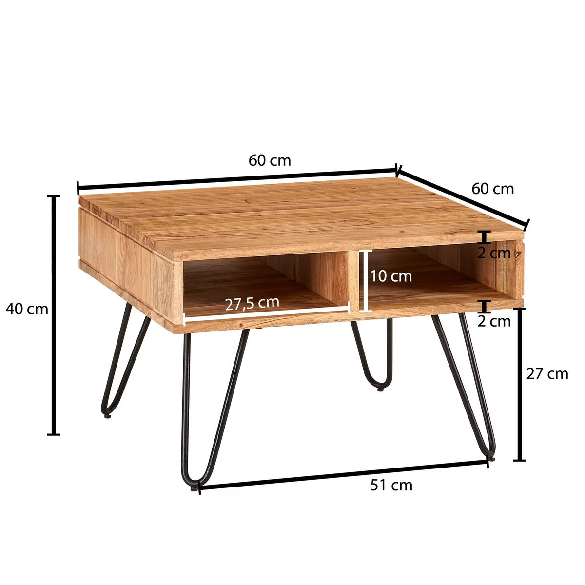 Nancy's Tuenno Salontafel - Koffietafel - Praktische opbergruimte - Massief Acaciahout - 60 x 60 x 40 cm