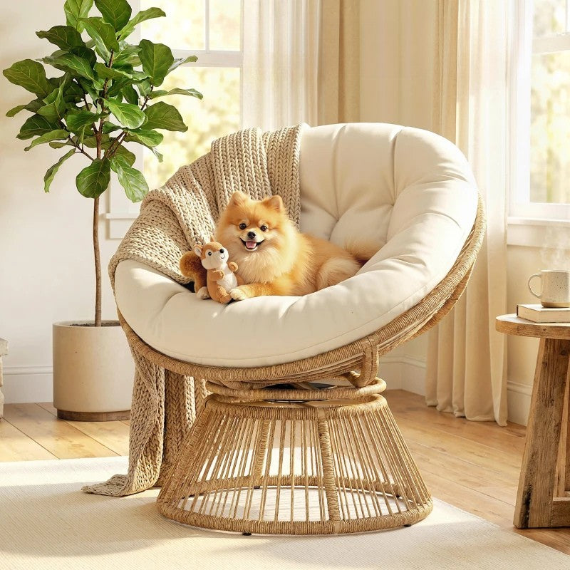 Nancy's Sampeyre Loungestoel - Draaistoel - Buitenstoel - Tuinstoel - Crèmewit - Rotan - ± 95 x 80 x 85 cm