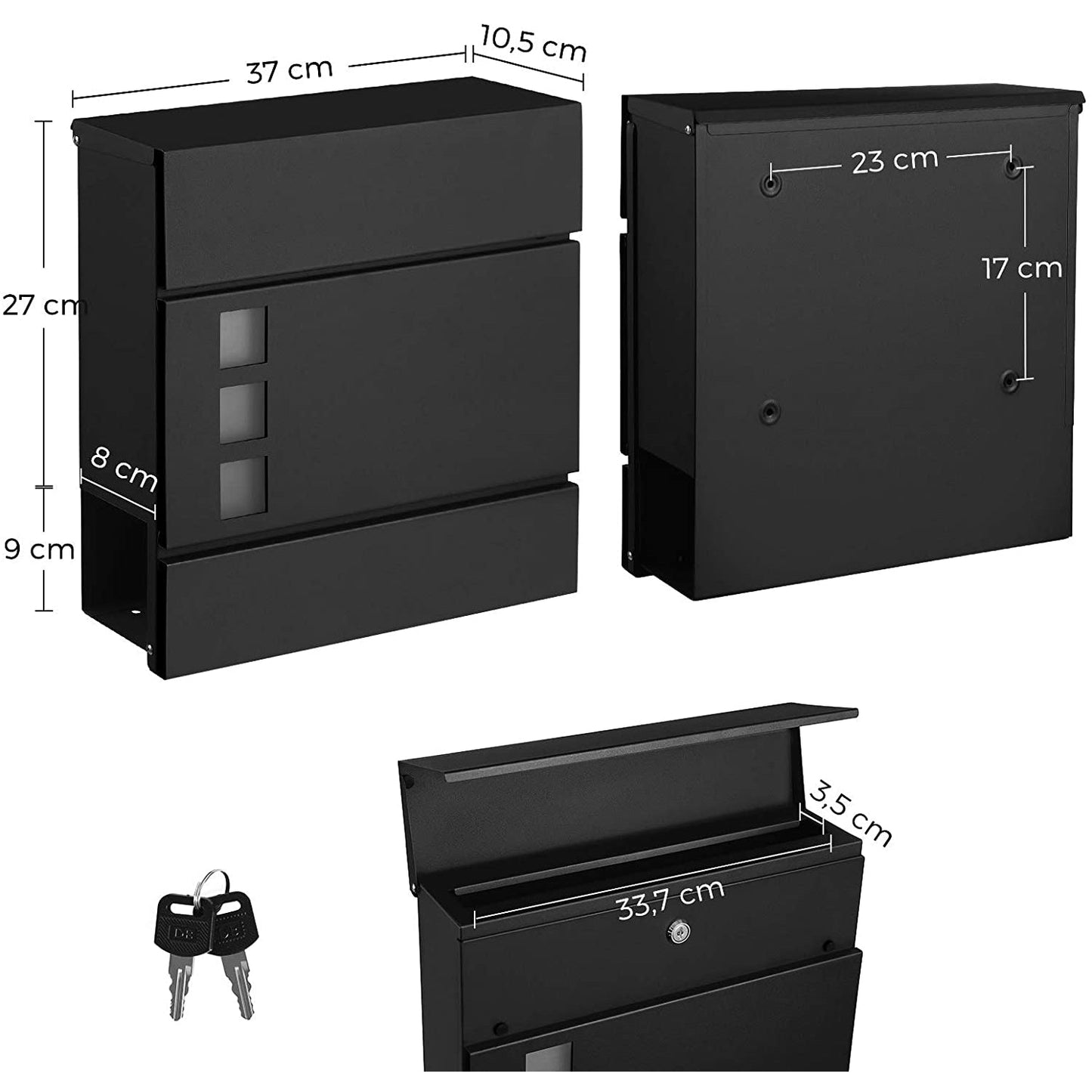 Nancy's Fordwich Letterbox - Wall letterbox - Wall mounting - Lockable - Newspaper compartment - Black - Metal - 37 x 10.5 x 37 cm