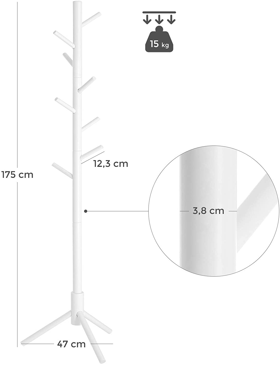 Nancy's Cavignac Kapstok - Vrijstaand - Kledingstandaard - Massief Hout - 8 Haken - Boomvormig - Wit - 47 x 47 x 175 cm