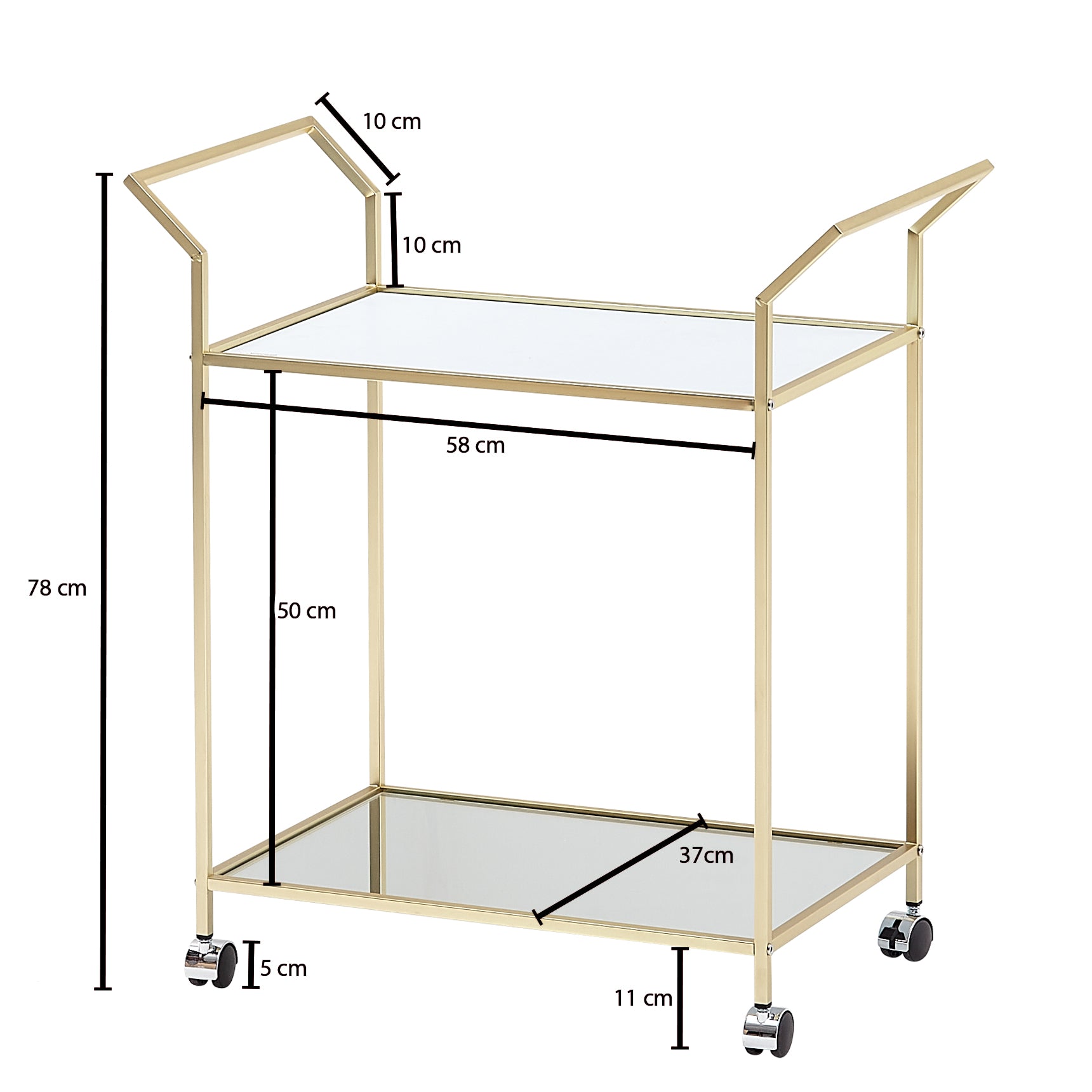 Nancy's Milton Trolley - Bijzettafel op Wieltjes - Keukentrolley - Serveerwagen - Goud - Glas / Staal - ± 70 x 40 x 80 cm
