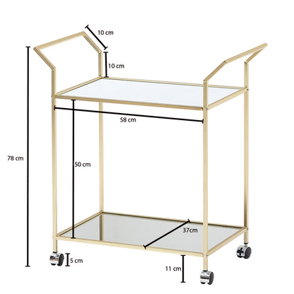 Nancy's Milton Trolley - Bijzettafel op Wieltjes - Keukentrolley - Serveerwagen - Goud - Glas / Staal - ± 70 x 40 x 80 cm