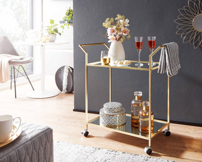 Nancy's Milton Trolley - Bijzettafel op Wieltjes - Keukentrolley - Serveerwagen - Goud - Glas / Staal - ± 70 x 40 x 80 cm