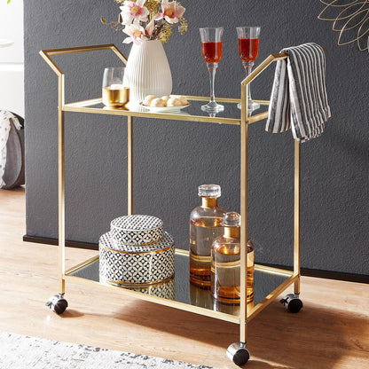 Nancy's Milton Trolley - Bijzettafel op Wieltjes - Keukentrolley - Serveerwagen - Goud - Glas / Staal - ± 70 x 40 x 80 cm