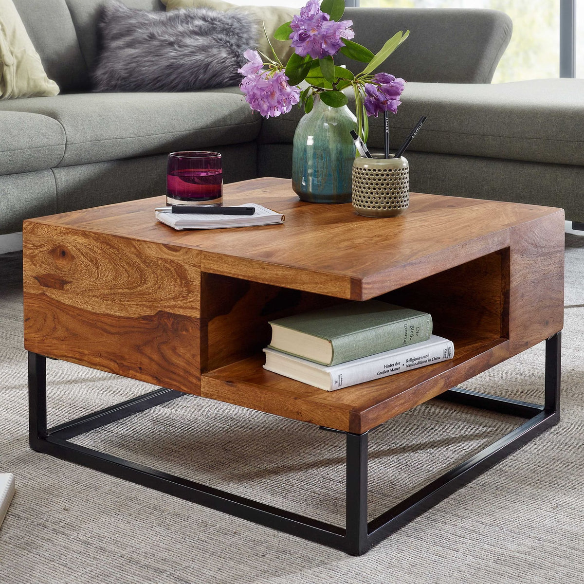 Nancy's Troia Salontafel - Koffietafel - Praktisch Opbergvak - Massief Sheeshamhout - ± 60 x 60 x 35 cm