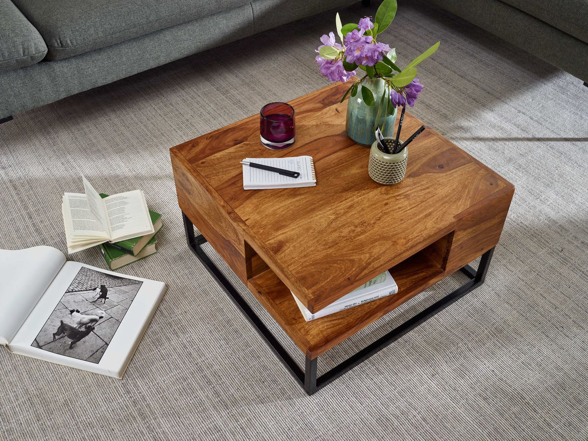 Nancy's Troia Salontafel - Koffietafel - Praktisch Opbergvak - Massief Sheeshamhout - ± 60 x 60 x 35 cm