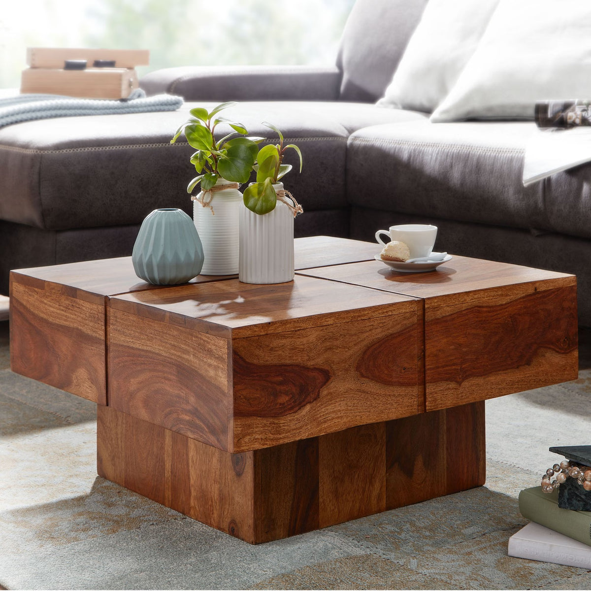 Nancy's Trivero Salontafel - Koffietafel - Bijzettafel - Donkerbruin - Massief Sheeshamhout - ± 55 x 55 x 30 cm