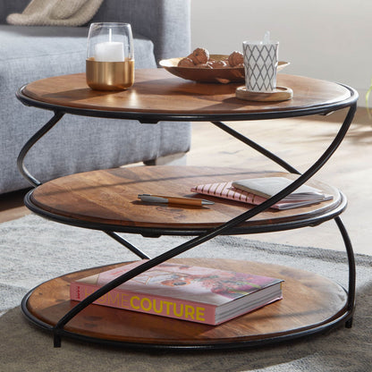 Nancy's Trodena Salontafel - Koffietafel - Bijzettafel - Rond - Donkerbruin / Zwart - Massief Sheeshamhout / Staal - ± 60 x 60 x 40 cm