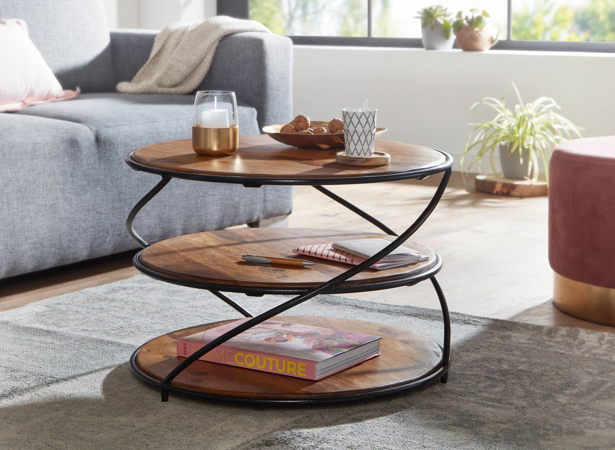 Nancy's Trodena Salontafel - Koffietafel - Bijzettafel - Rond - Donkerbruin / Zwart - Massief Sheeshamhout / Staal - ± 60 x 60 x 40 cm