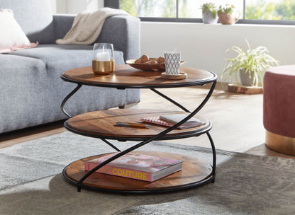 Nancy's Trodena Salontafel - Koffietafel - Bijzettafel - Rond - Donkerbruin / Zwart - Massief Sheeshamhout / Staal - ± 60 x 60 x 40 cm