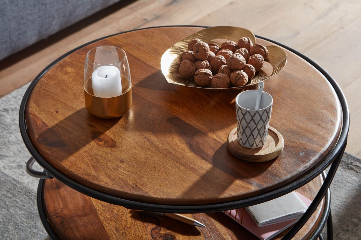 Nancy's Trodena Salontafel - Koffietafel - Bijzettafel - Rond - Donkerbruin / Zwart - Massief Sheeshamhout / Staal - ± 60 x 60 x 40 cm