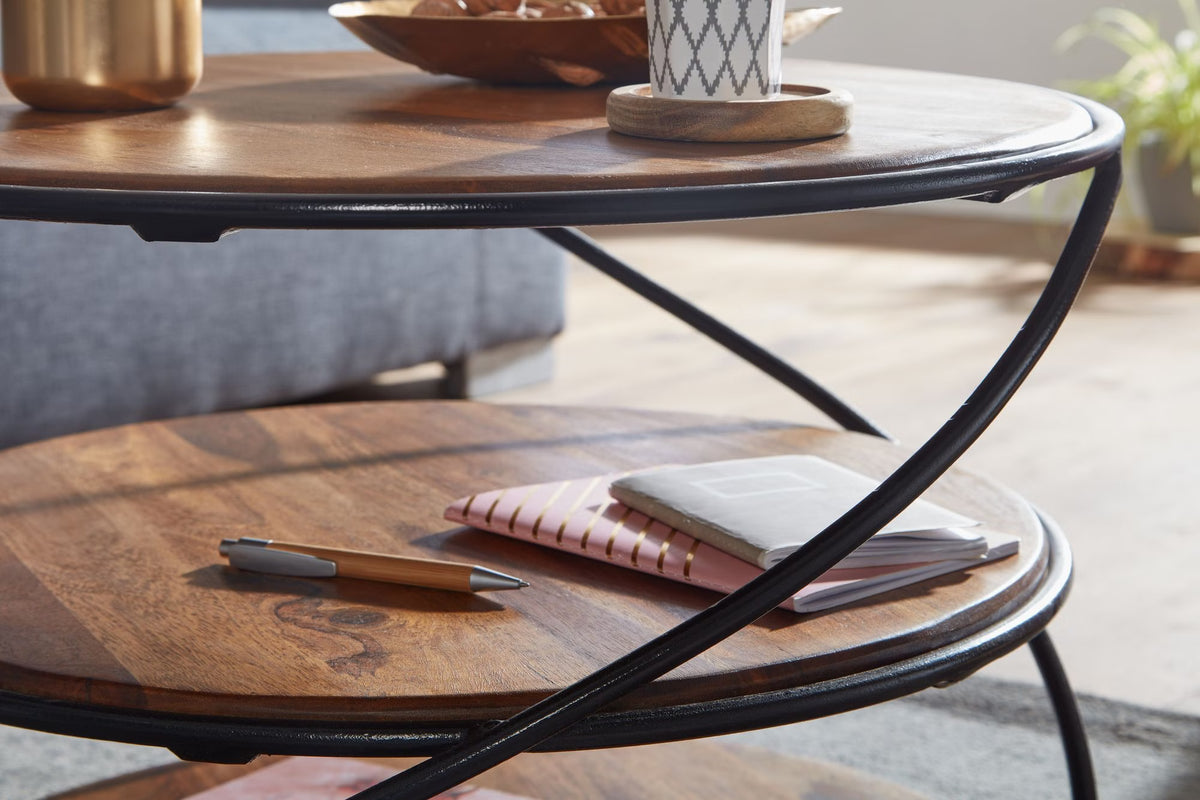Nancy's Trodena Salontafel - Koffietafel - Bijzettafel - Rond - Donkerbruin / Zwart - Massief Sheeshamhout / Staal - ± 60 x 60 x 40 cm