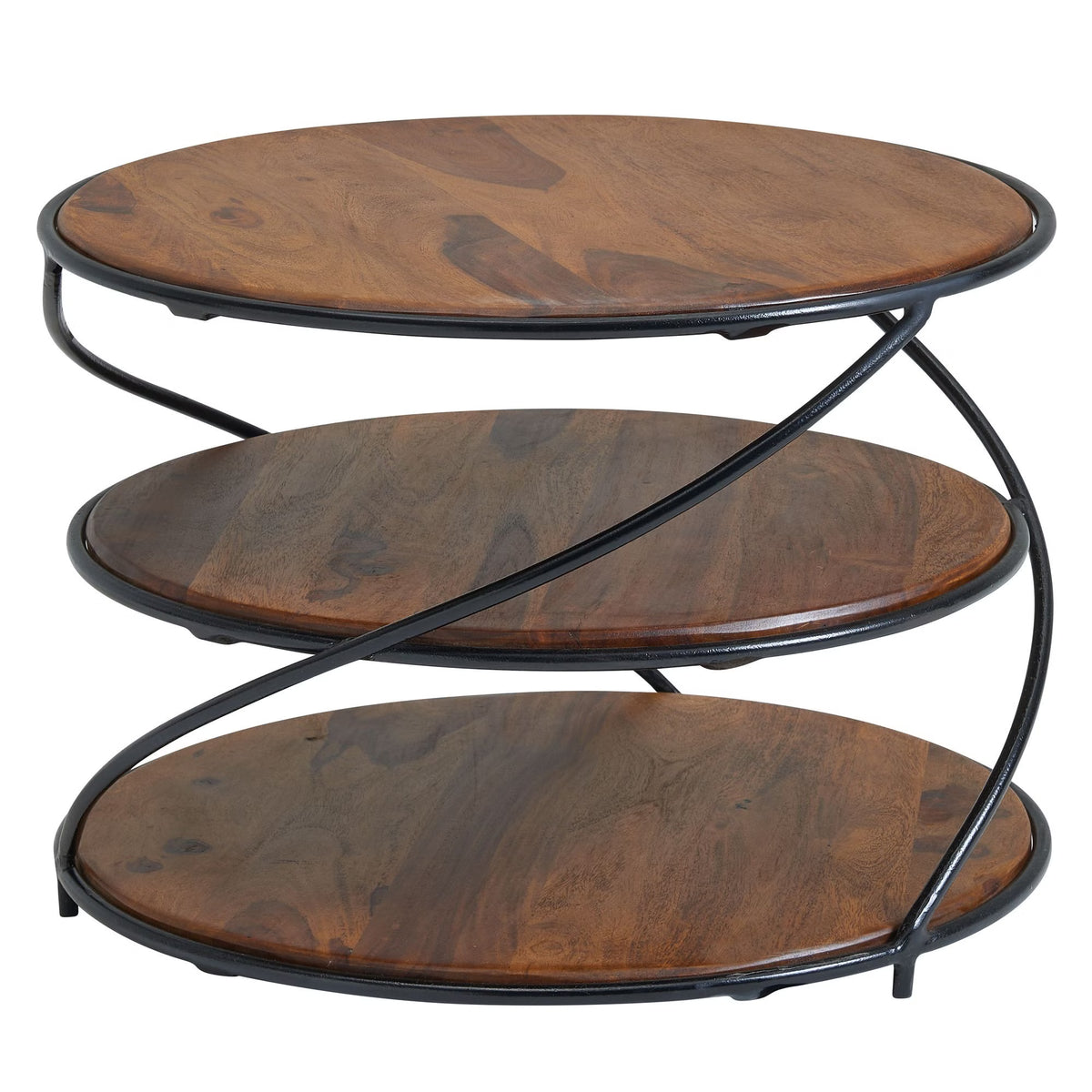 Nancy's Trodena Salontafel - Koffietafel - Bijzettafel - Rond - Donkerbruin / Zwart - Massief Sheeshamhout / Staal - ± 60 x 60 x 40 cm