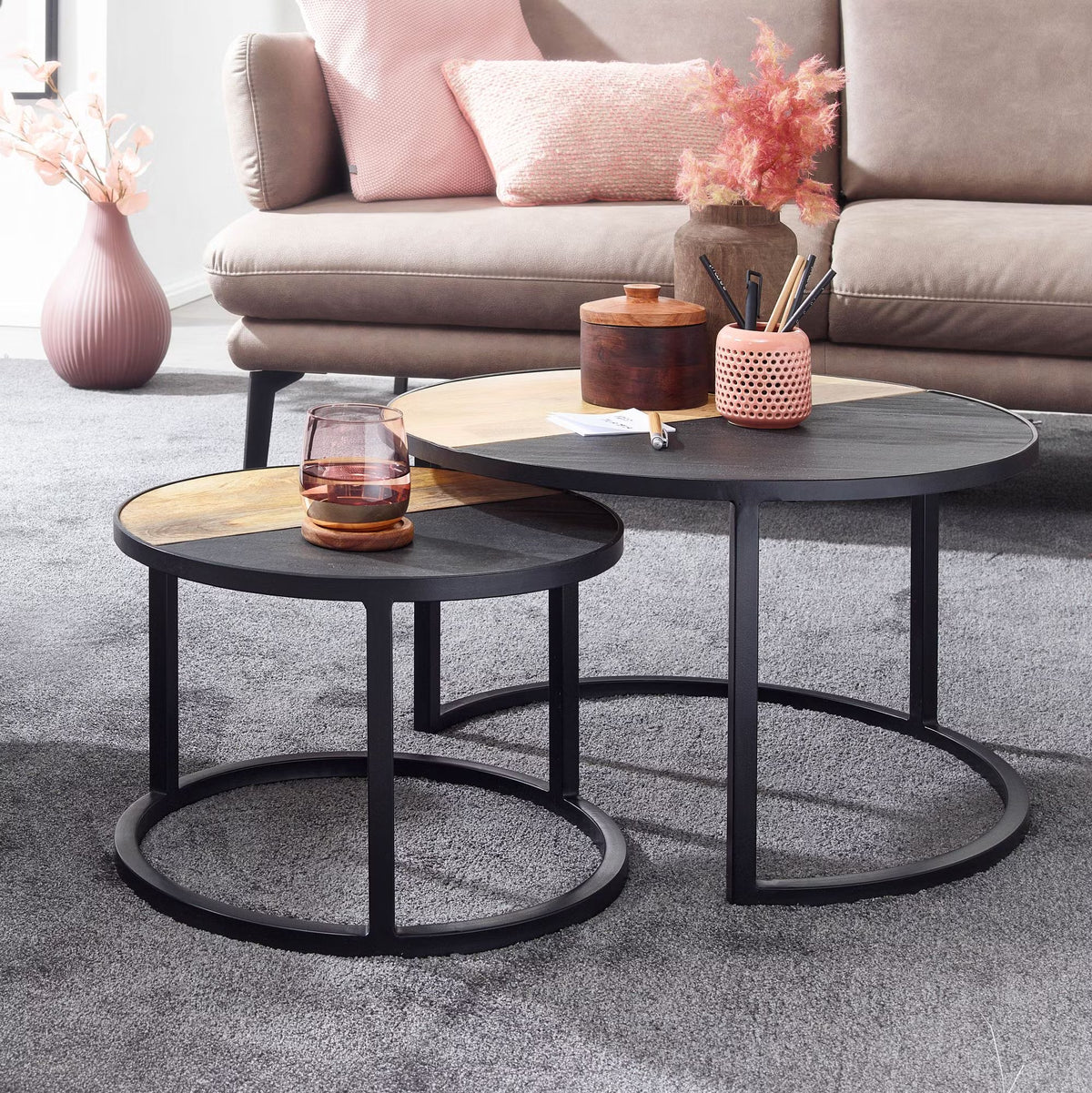 Nancy's Valenza Salontafel Set - Bijzettafels - Koffietafels - Rond - Bruin / Antraciet / Zwart - Massief Mangohout