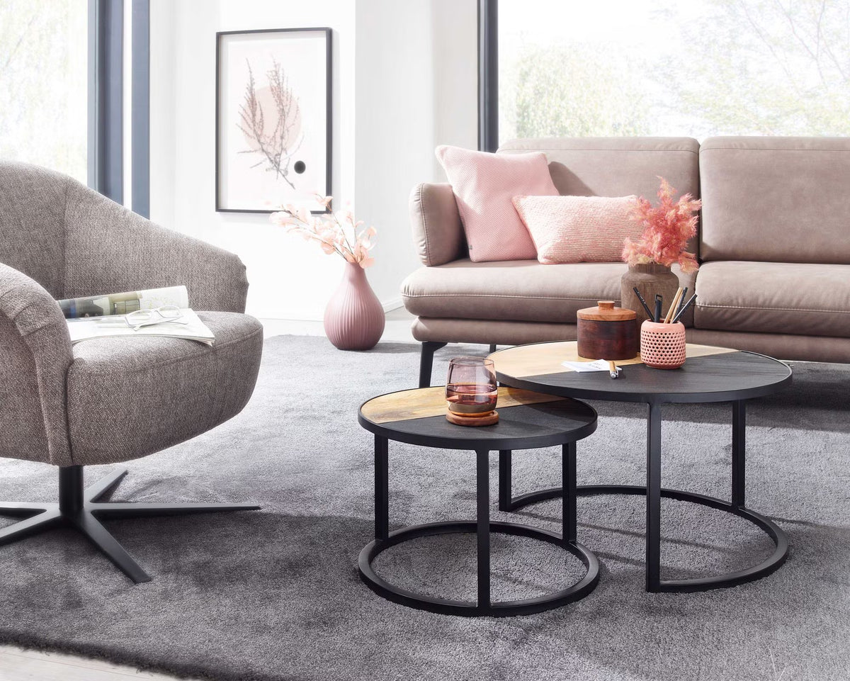 Nancy's Valenza Salontafel Set - Bijzettafels - Koffietafels - Rond - Bruin / Antraciet / Zwart - Massief Mangohout