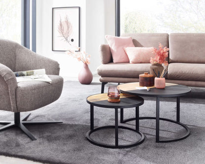 Nancy's Valenza Salontafel Set - Bijzettafels - Koffietafels - Rond - Bruin / Antraciet / Zwart - Massief Mangohout
