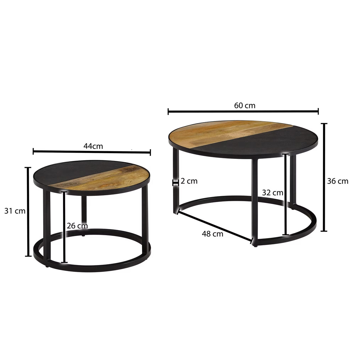 Nancy's Valenza Salontafel Set - Bijzettafels - Koffietafels - Rond - Bruin / Antraciet / Zwart - Massief Mangohout