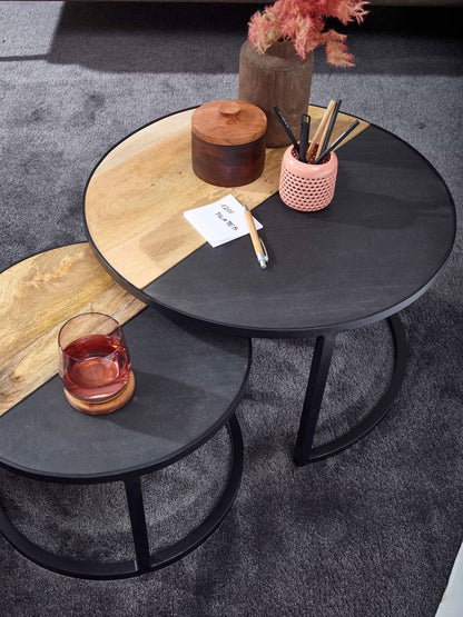 Nancy's Valenza Salontafel Set - Bijzettafels - Koffietafels - Rond - Bruin / Antraciet / Zwart - Massief Mangohout