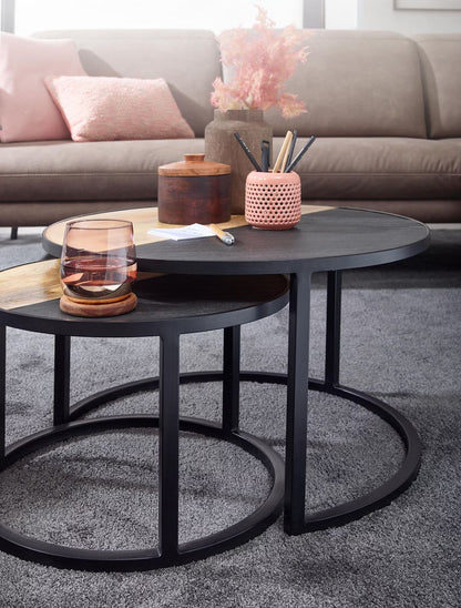 Nancy's Valenza Salontafel Set - Bijzettafels - Koffietafels - Rond - Bruin / Antraciet / Zwart - Massief Mangohout