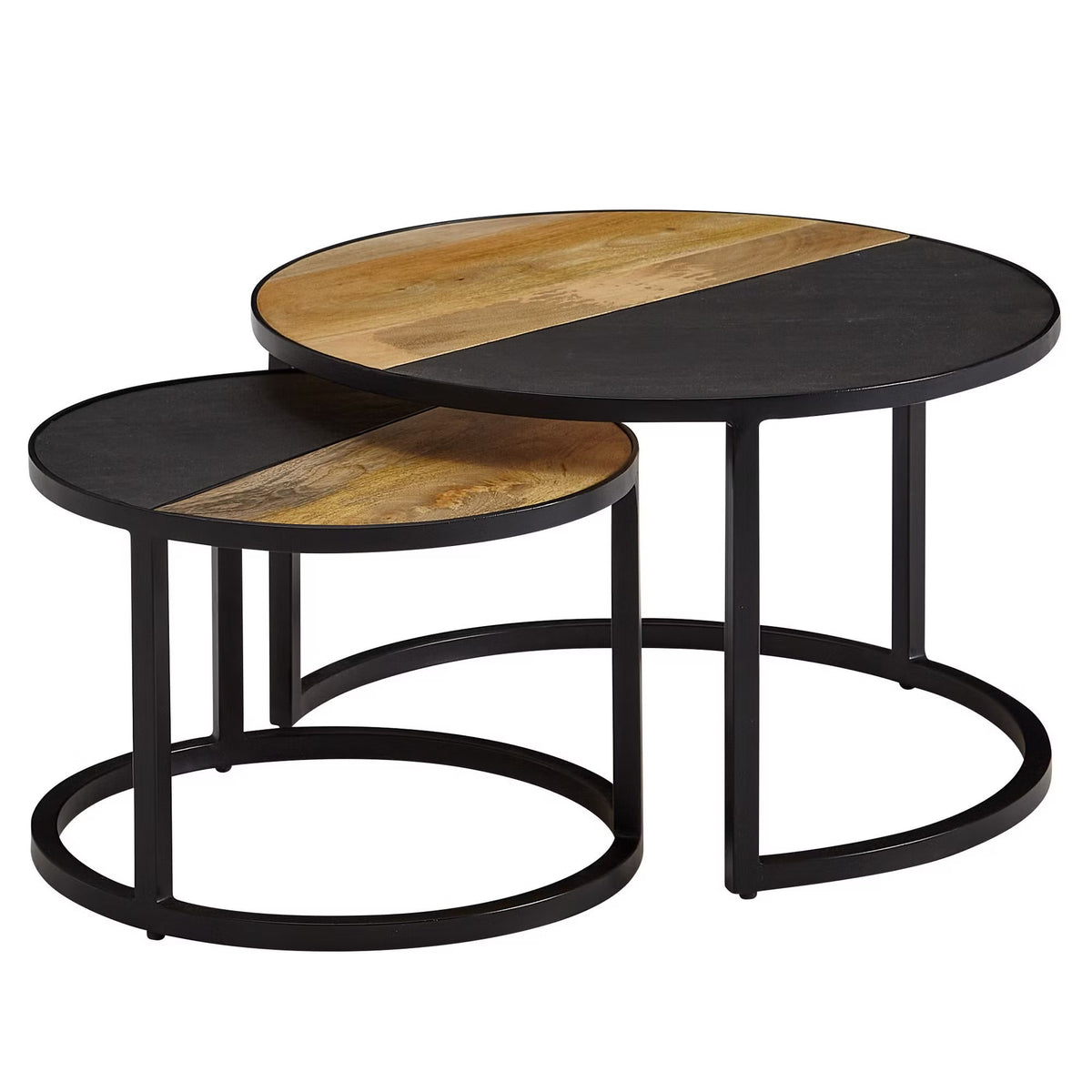 Nancy's Valenza Salontafel Set - Bijzettafels - Koffietafels - Rond - Bruin / Antraciet / Zwart - Massief Mangohout