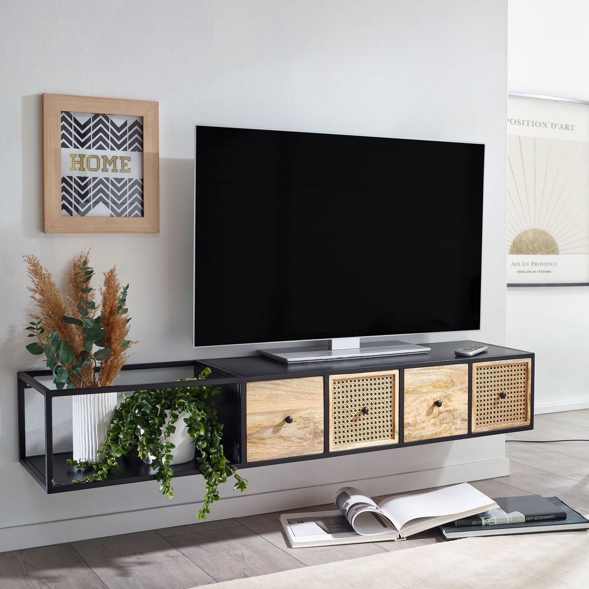 Nancy's Monghidoro TV Meubel - TV Kast - Zwevend - Lowboard - Bruin / Zwart - Mangohout / Rotan - 150 x 35 x 25 cm