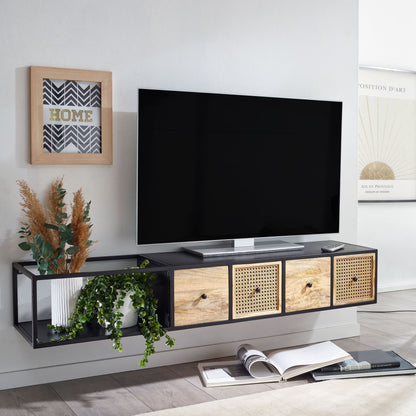 Nancy's Monghidoro TV Meubel - TV Kast - Zwevend - Lowboard - Bruin / Zwart - Mangohout / Rotan - 150 x 35 x 25 cm