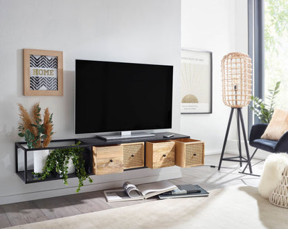 Nancy's Monghidoro TV Meubel - TV Kast - Zwevend - Lowboard - Bruin / Zwart - Mangohout / Rotan - 150 x 35 x 25 cm
