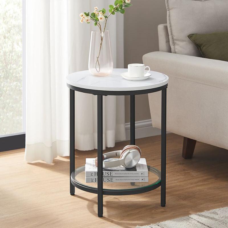 Nancy's Kirby Bijzettafel Wit Marmerlook - Zwart - Staal - Glas - Nachtkastje - Modern - 45 x 55 cm Ø x H