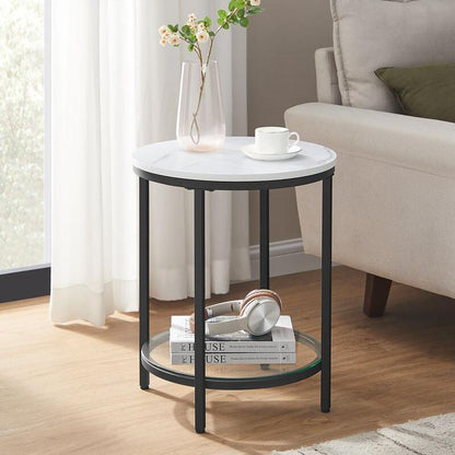 Nancy's Kirby Bijzettafel Wit Marmerlook - Zwart - Staal - Glas - Nachtkastje - Modern - 45 x 55 cm Ø x H