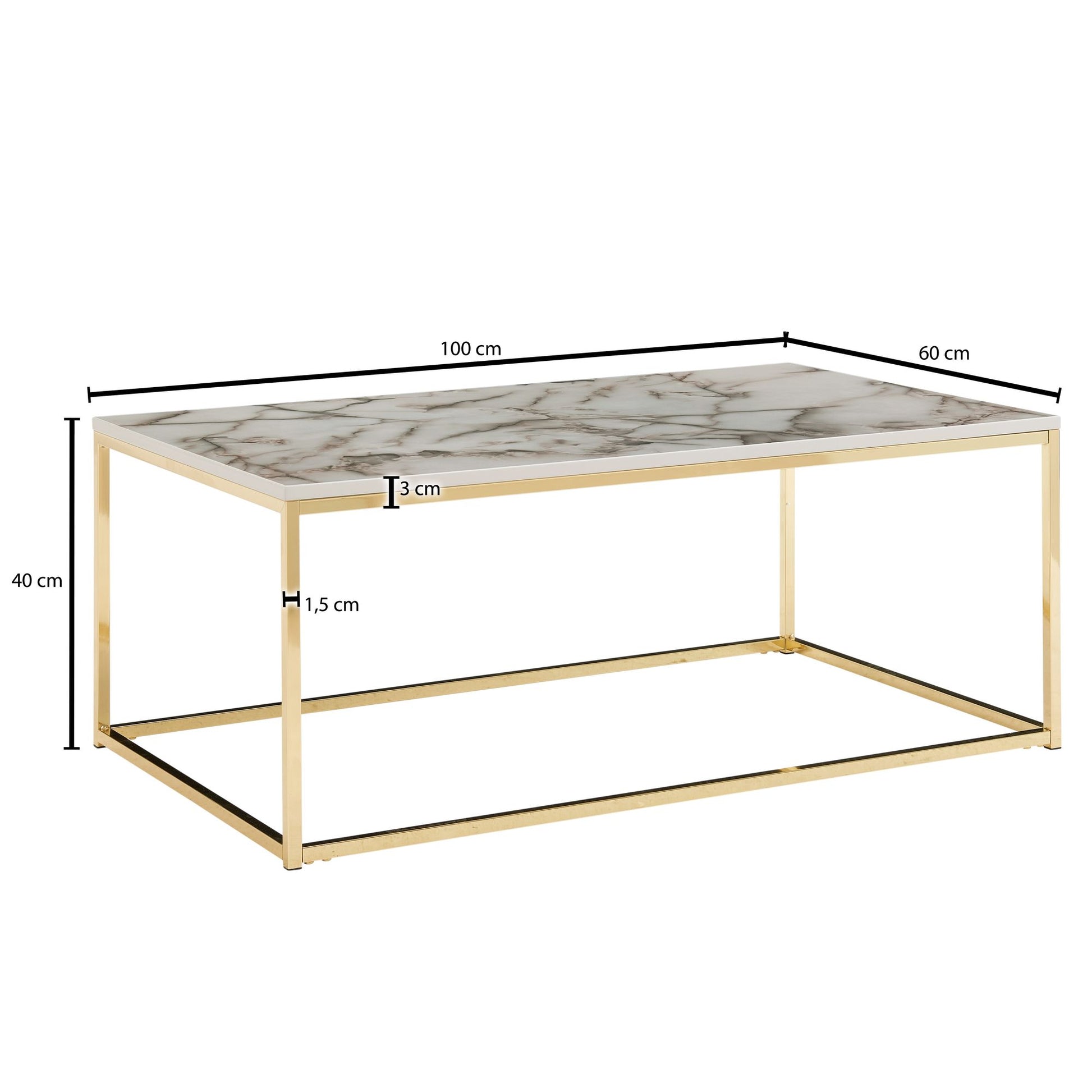 Nancy's Nogueira Salontafel - Koffietafel - Wit / Goud - Marmerlook - Staal - 100 x 60 x 40 cm