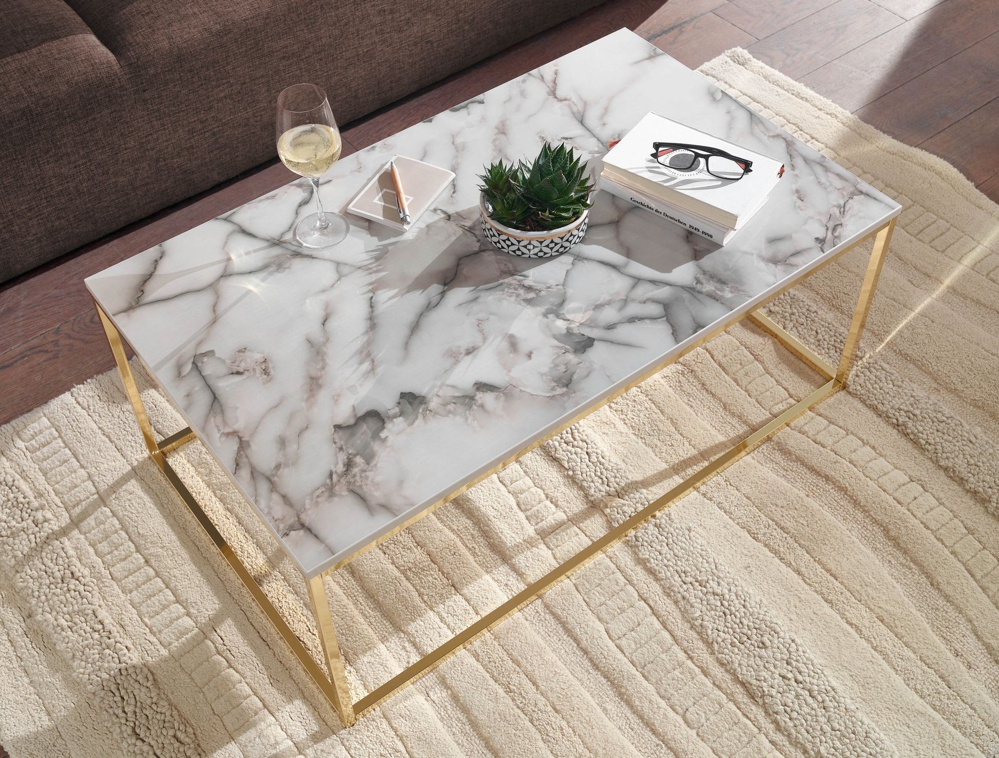 Nancy's Nogueira Salontafel - Koffietafel - Wit / Goud - Marmerlook - Staal - 100 x 60 x 40 cm