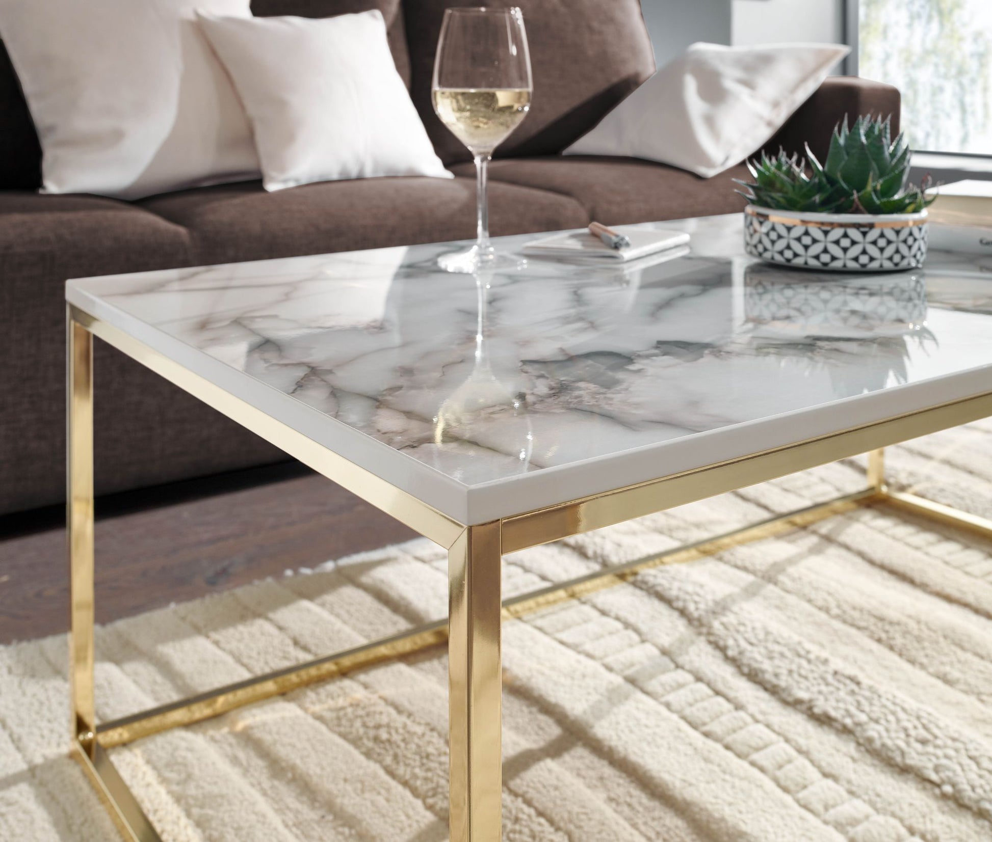 Nancy's Nogueira Salontafel - Koffietafel - Wit / Goud - Marmerlook - Staal - 100 x 60 x 40 cm