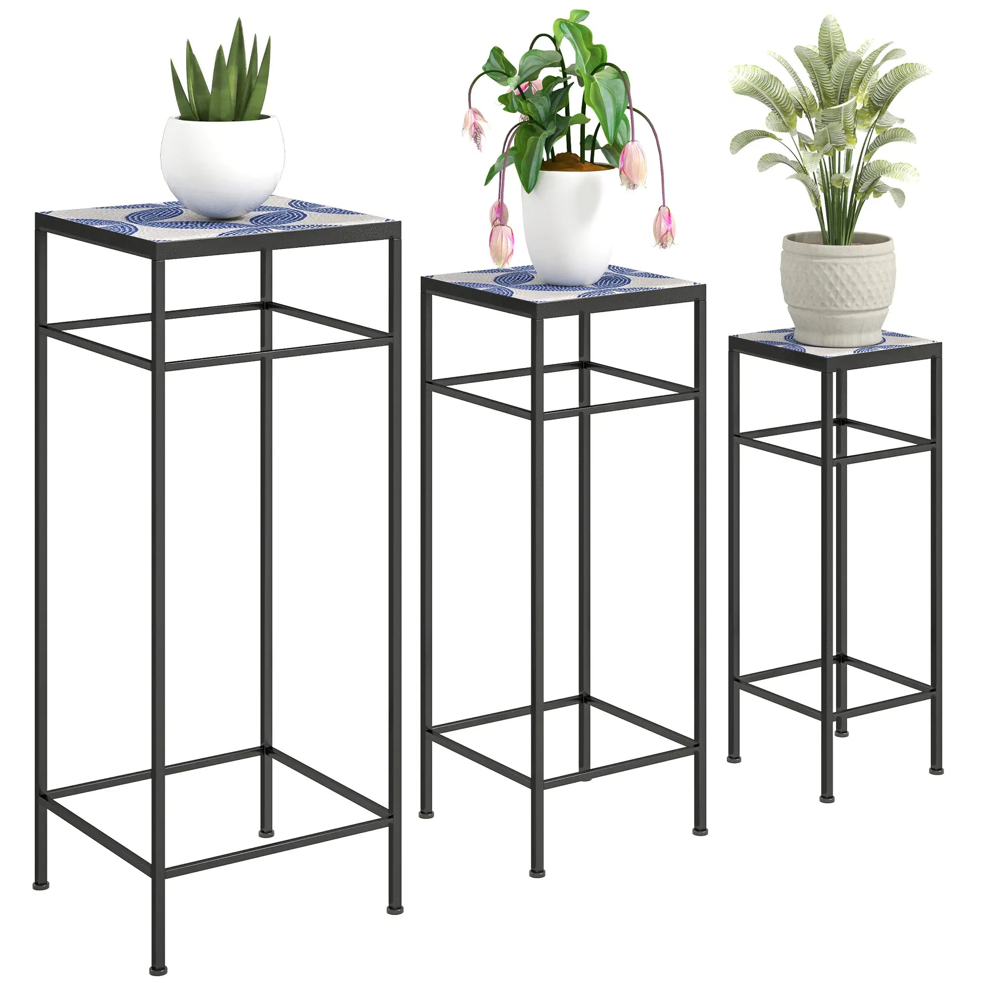 Nancy's Camaiore Plantenrek - Plantenstandaard - Bloemplank - Plantenzuil - Set van 3 - Blauw / Wit
