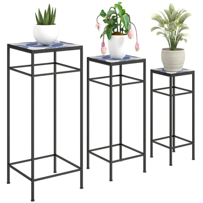 Nancy's Camaiore Plantenrek - Plantenstandaard - Bloemplank - Plantenzuil - Set van 3 - Blauw / Wit