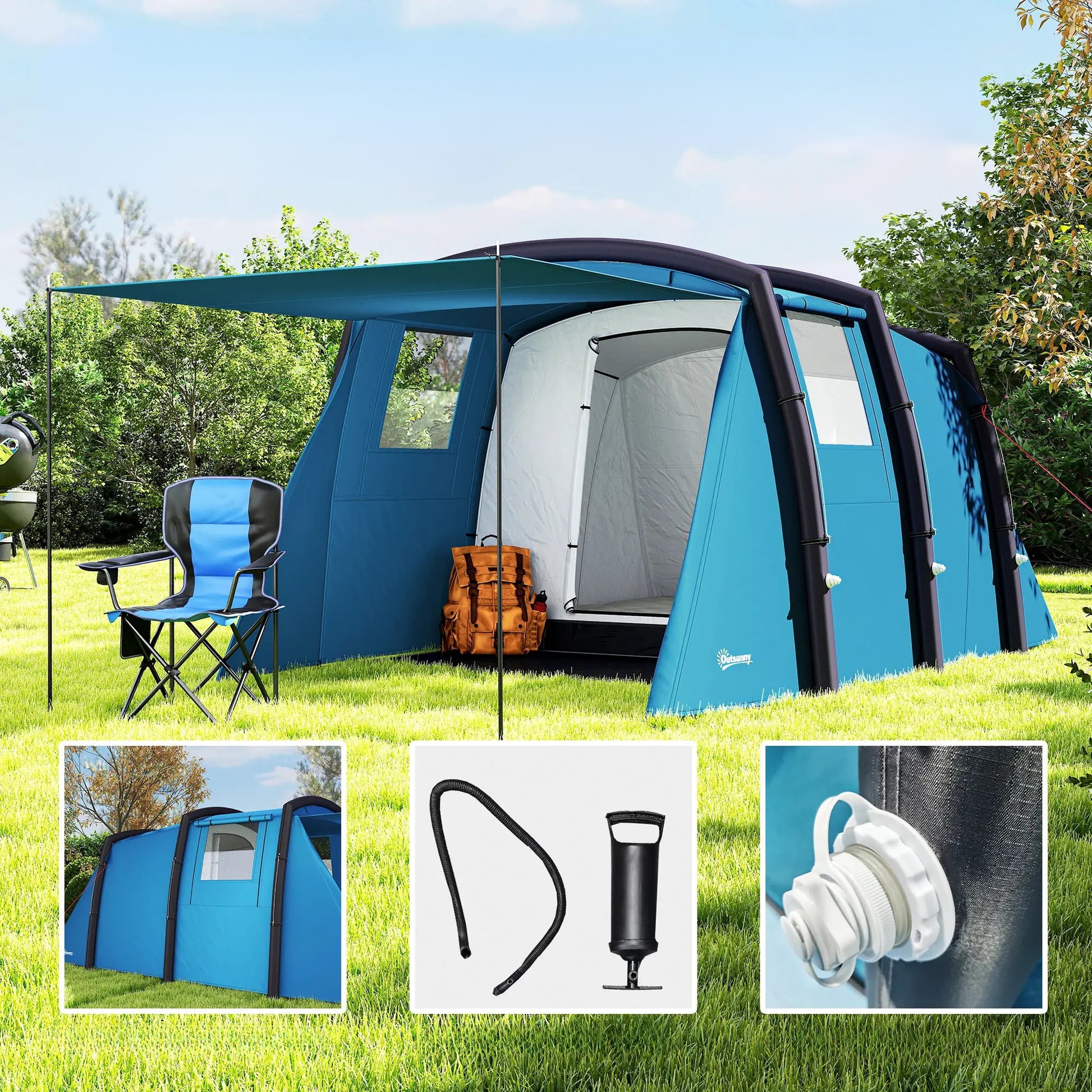 Nancy's Garlasco Kampeertent - Campingtent - Waterdicht & anti-UV - Opblaasbaar - Blauw - 440 x 280 x 195 cm