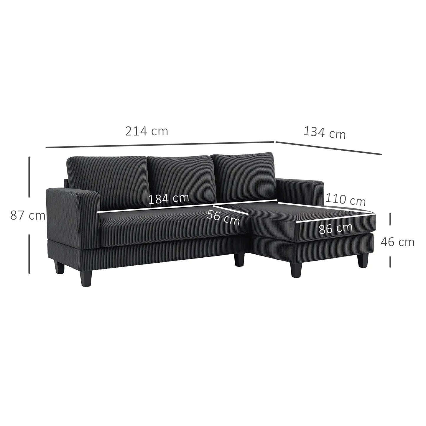 Nancy's Licciana Hoekbank - L-vormige Bank - Donkergrijs - Corduroy - ± 215 x 135 x 85 cm