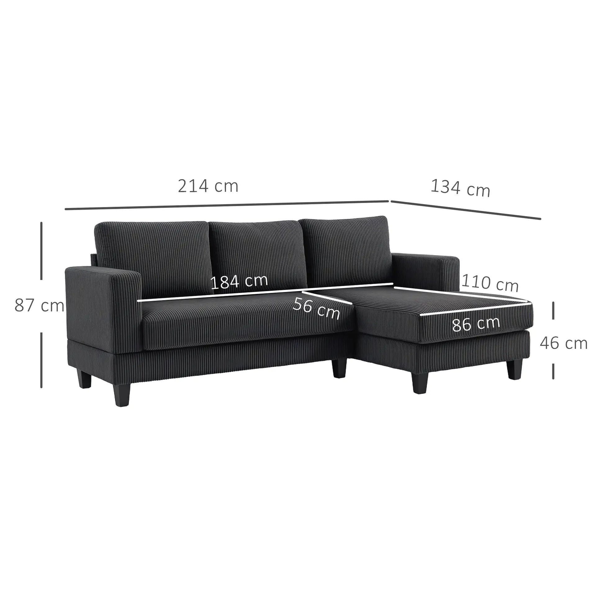 Nancy's Licciana Hoekbank - L-vormige Bank - Donkergrijs - Corduroy - ± 215 x 135 x 85 cm
