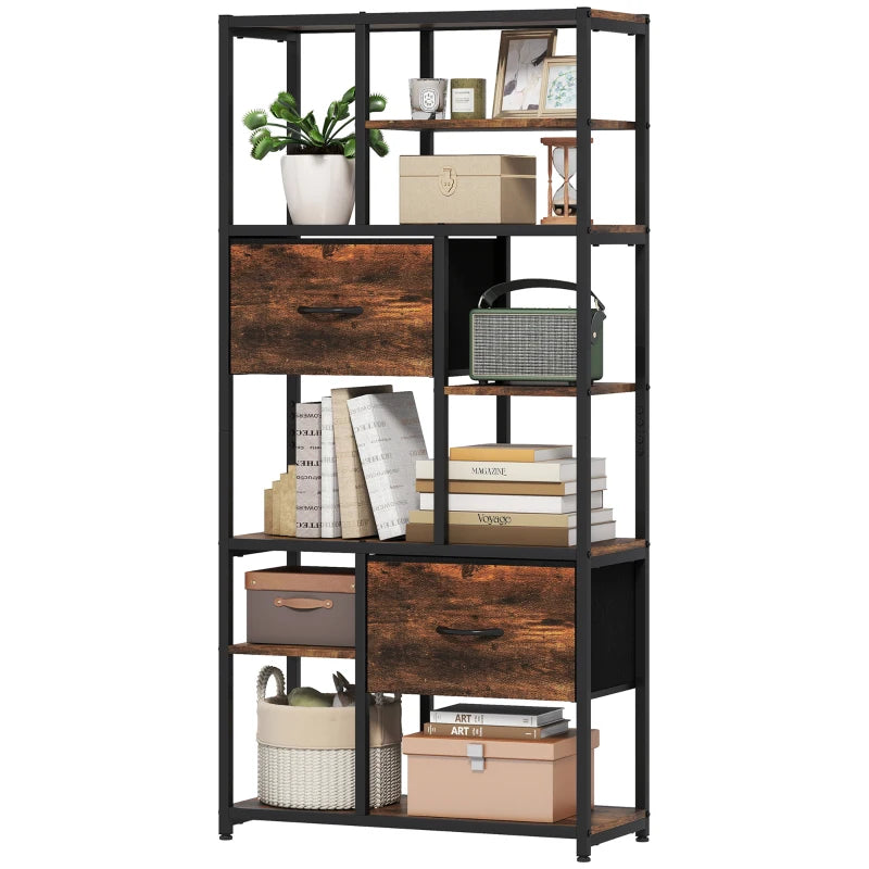 Nancy's Ovaro Boekenkast - Opbergkast - Open vakken en laden - Bruin / Zwart - ± 70 x 30 x 150 cm