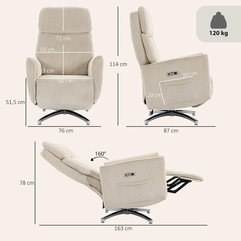 Nancy's Tarzo Elektrische Fauteuil - Relaxfauteuil - Relaxstoel - Draaibaar - Crèmewit / Zilver - Corduroy Look