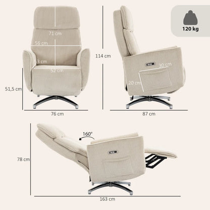 Nancy's Tarzo Elektrische Fauteuil - Relaxfauteuil - Relaxstoel - Draaibaar - Crèmewit / Zilver - Corduroy Look