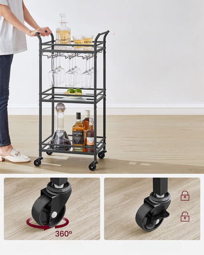 Nancy's Redcar Kitchen Trolley Black - Serving Trolley - Bartrolley - Modern - Steel - Mirror Glass - 46.8 x 30 x 92 cm